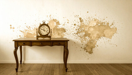 Obraz premium Retro Wooden Desk with Vintage Alarm Clock. Interior concept. Generated Image