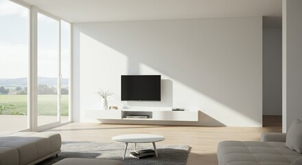 A modern living room featuring a sleek television mounted on a white wall, with large windows allowing natural light to flood the space. The room is minimalistic, showcasing a light-colored sofa