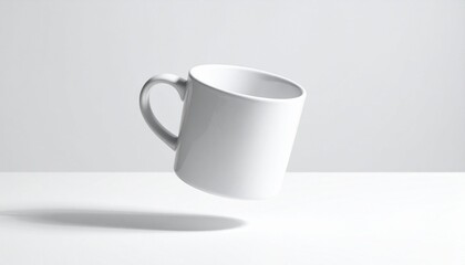 Obraz premium Clean, minimalist photo of a plain white ceramic mug suspended in mid-air with a subtle shadow beneath it, isolated on a seamless light gray background