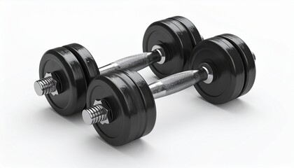 Pair of black adjustable dumbbells with chrome handles, essential fitness equipment for strength training, muscle building, and home gym workouts, isolated on white