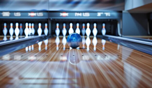 Colorful bowling ball rolling down polished wooden bowling lane toward white bowling pins, modern bowling alley with lane markings, bright studio lighting, large depth of field