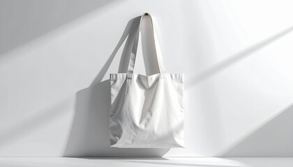 Blank white canvas tote bag for mockup purposes, hanging against a simple wall with natural sunlight casting diagonal shadows