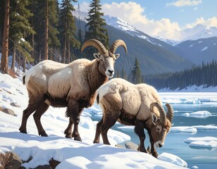 Majestic bighorn sheep in a wintry mountain landscape