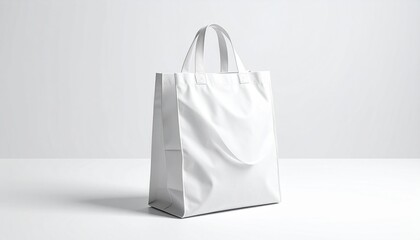 A single blank white reusable shopping tote bag stands on a clean surface with a soft shadow, a perfect mockup for branding or design templates