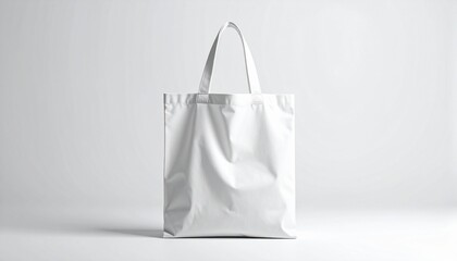 A plain white tote bag is showcased against a bright white backdrop, presenting a blank canvas for customization