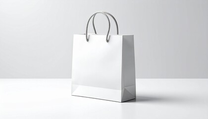 Clean white shopping bag with handles on a light grey background, studio shot of a retail carrier