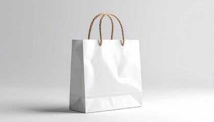 Clean White Shopping Bag with Twisted Rope Handles on a Light Grey Background, Ideal for Retail and Branding Mockups