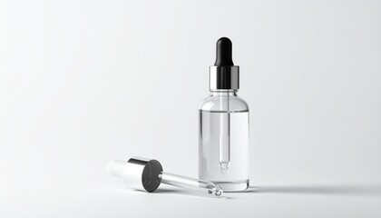 Serum Bottle with Dropper Skincare Product on a White Background, Cosmetic Packaging