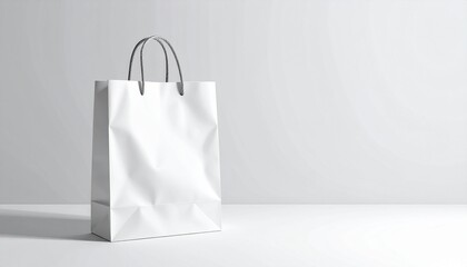 A clean, white shopping bag with handles stands on a white surface against a plain white background, symbolizing commerce and retail
