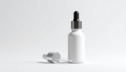 Elegant white cosmetic bottle with a dropper for beauty products like face serum or essential oil, displayed as a product packaging mockup on a simple white background