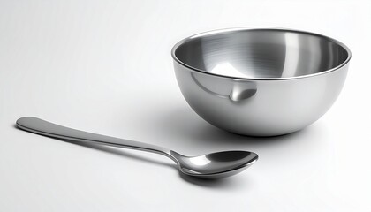 Stainless steel bowl and spoon isolated on a white background, a simple and elegant setting for food preparation or serving