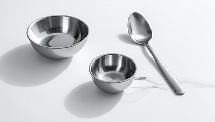 Modern culinary concept featuring a sleek set of stainless steel bowls and a spoon, perfect for contemporary food presentation on a white table