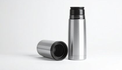 A sleek stainless steel vacuum flask with its accompanying cup, designed for keeping beverages hot or cold during travel, isolated on a clean white background