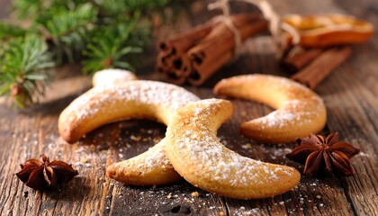 Crescent cookies dusted with powdered sugar, alongside cinnamon sticks and star anise on a rustic wooden surface