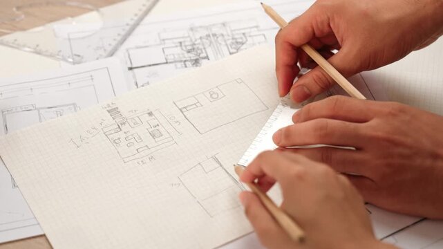 Professional engineer team discussion about house design on meeting table with architectural equipment and building blueprint scatter around at modern office. Focus on hand. Closeup. Delineation.