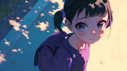kawaii little girl in school uniform carrying a bag, anime style