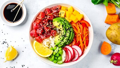 Vibrant poke bowl with tuna, avocado, mango, and veggies