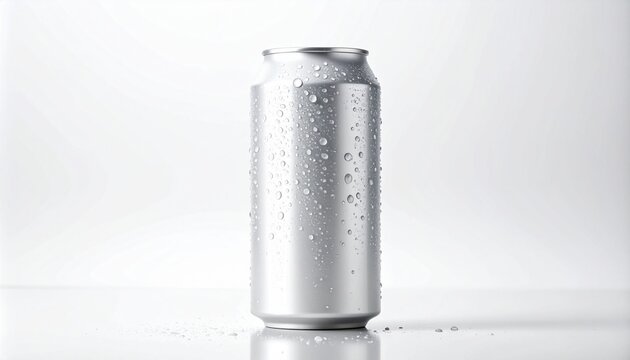 Close-up of a refreshing cold silver aluminum beverage can with condensation, isolated on a clean white background, ready for your custom branding