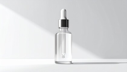 Transparent cosmetic serum bottle on a white surface with sunlight creating shadows for skincare product promotion