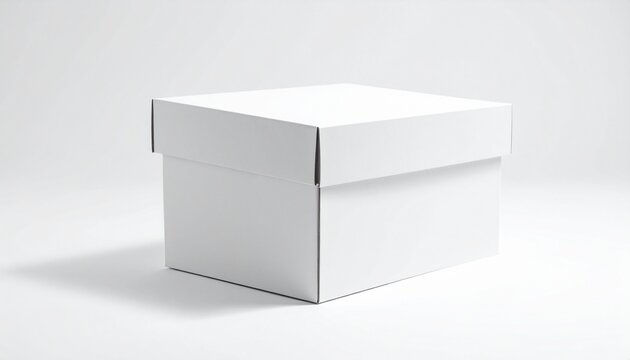 Blank white cardboard box with a lid, presented on a clean background, ideal for product packaging mockups, gift wrapping, or versatile storage solutions template