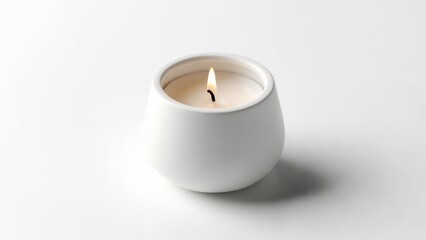 A lit white candle in a modern ceramic holder on a white background.