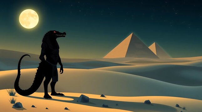 Crocodile humanoid figure standing in desert under moon with pyramids in background