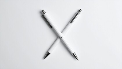 Two white writing pens crossed in an 'X' shape on a pristine background, a minimalist composition symbolizing choice, negation, or a clear graphic element for various design applications