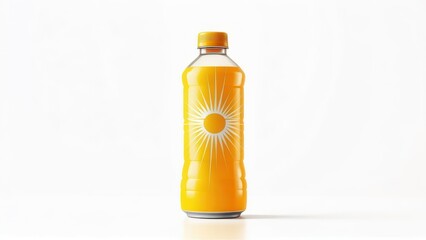 A refreshing bottle of orange flavored drink with a sun logo on a white background.