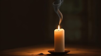 A single glowing candle with rising smoke on a wooden table in the dark.