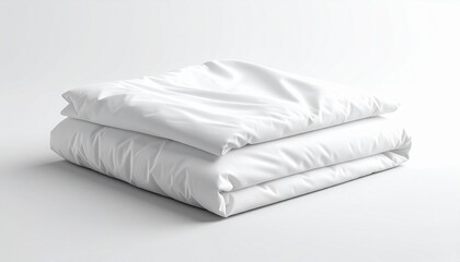 Clean white folded duvet or comforter stacked on a smooth surface, suggesting comfort and bedding