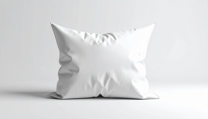 Blank white flexible pillow bag or stand-up pouch mock-up, perfect for showcasing product branding, snack packaging designs, or soft goods concepts in a clean, minimalist studio setting