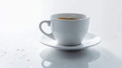 A white coffee cup and saucer with a single coffee bean on a white background.
