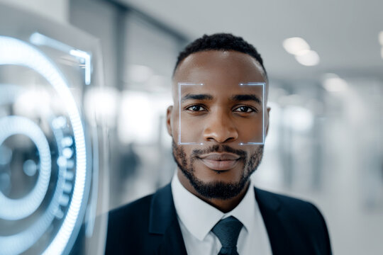 Confident young black man in a modern business suit standing in front of high-tech facial recognition scanner. He is facing the scanner directly. Modern, bright office interior.