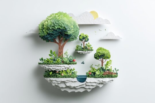 Layered Paper Art - Whimsical Floating Islands with Lush Green Trees, Serene Pond, and Gentle Clouds on White.