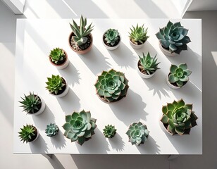 Top view of assorted succulents arranged in geometric pattern on a white table, clean and minimal, soft shadows