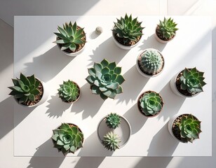 Top view of assorted succulents arranged in geometric pattern on a white table, clean and minimal, soft shadows