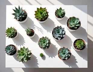 Top view of assorted succulents arranged in geometric pattern on a white table, clean and minimal, soft shadows
