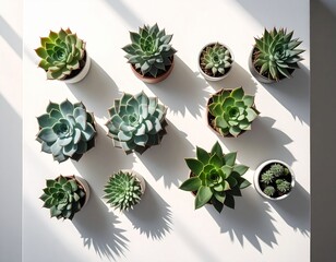 Top view of assorted succulents arranged in geometric pattern on a white table, clean and minimal, soft shadows