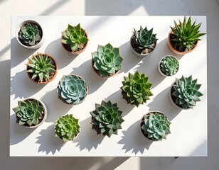 Top view of assorted succulents arranged in geometric pattern on a white table, clean and minimal, soft shadows