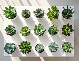 Top view of assorted succulents arranged in geometric pattern on a white table, clean and minimal, soft shadows