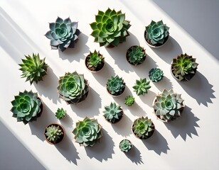 Top view of assorted succulents arranged in geometric pattern on a white table, clean and minimal, soft shadows