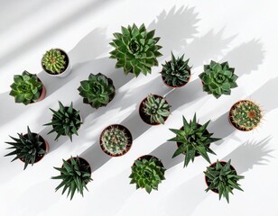 Top view of assorted succulents arranged in geometric pattern on a white table, clean and minimal, soft shadows