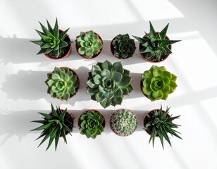 Top view of assorted succulents arranged in geometric pattern on a white table, clean and minimal, soft shadows