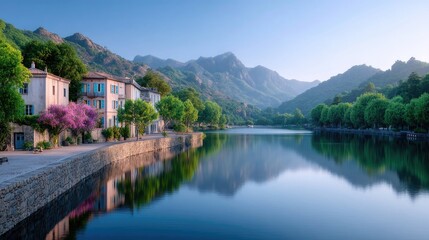 Picturesque Village by the Lake with Vibrant Green Trees and Distant Mountains Under a Clear Blue Sky Reflected in Calm Water Scenery