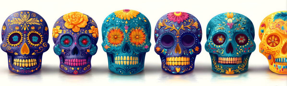 Mexican skulls set. Dia de los muertos shugar colorful heads on transparent background