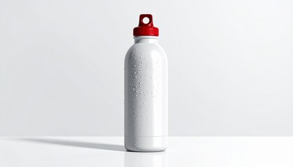 Refreshing cold water in a white aluminum sports bottle with a red top, showing condensation for hydration and an active lifestyle