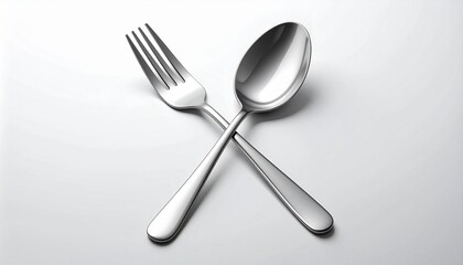A cross-shaped arrangement of a shiny spoon and fork on a clean white background, symbolizing dining and food preparation