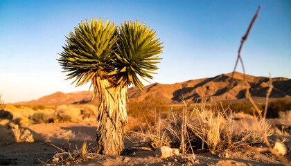 Joshua tree basks in golden sunlight against arid desert mountains and a clear sky