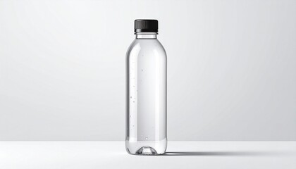 Transparent plastic bottle filled with clear liquid and capped with a black lid, isolated on a plain white background with a subtle shadow