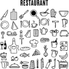 Restaurant Line Art Icons: Kitchenware, Food  Drinks Vector Collection